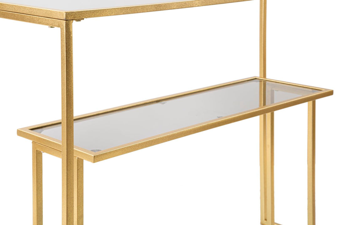 Goldfarbener Konsolentisch aus Metall und Glas mit 2 Ablagen