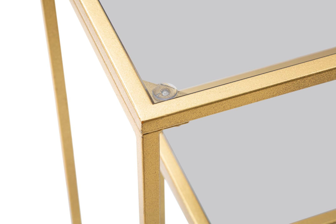 Goldfarbener Konsolentisch aus Metall und Glas mit 2 Ablagen