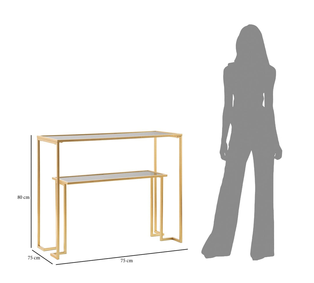 Goldfarbener Konsolentisch aus Metall und Glas mit 2 Ablagen
