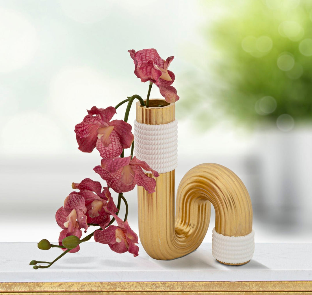 Moderne Vase in Gold und Weiß mit Spiralform
