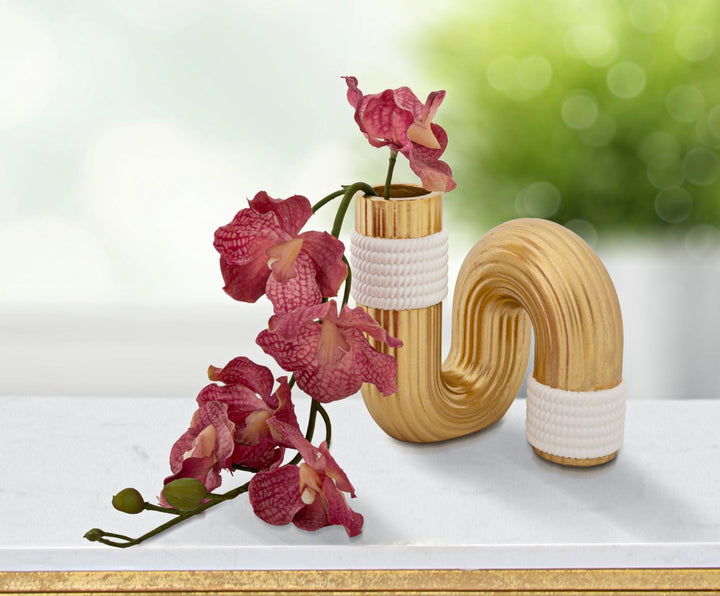 Moderne Vase in Gold und Weiß mit Spiralform
