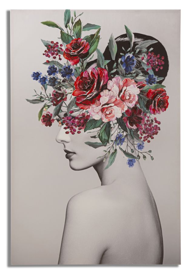 Modernes Gemälde einer Frau mit Blumen auf dem Kopf