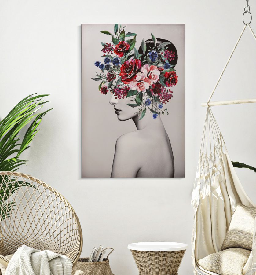 Modernes Gemälde einer Frau mit Blumen auf dem Kopf