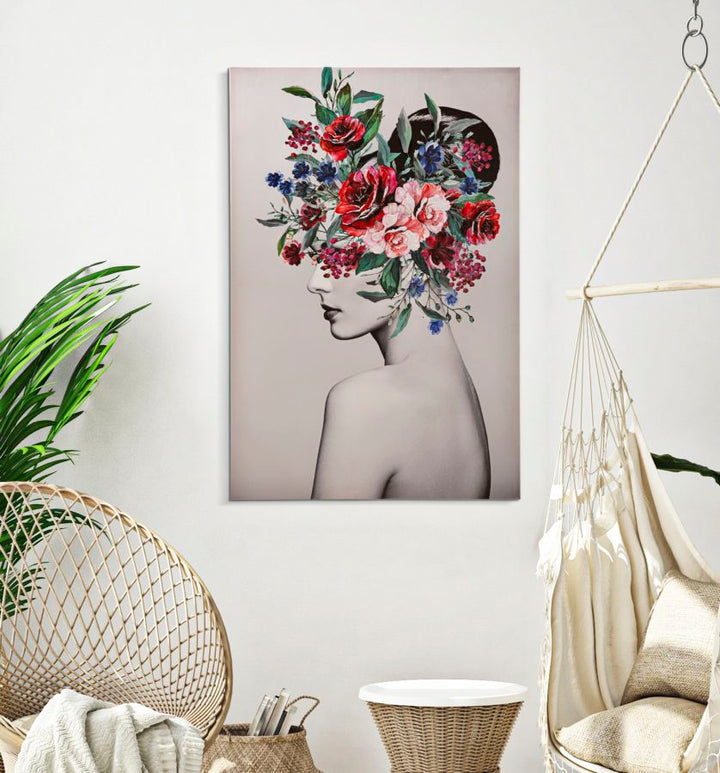 Modernes Gemälde einer Frau mit Blumen auf dem Kopf