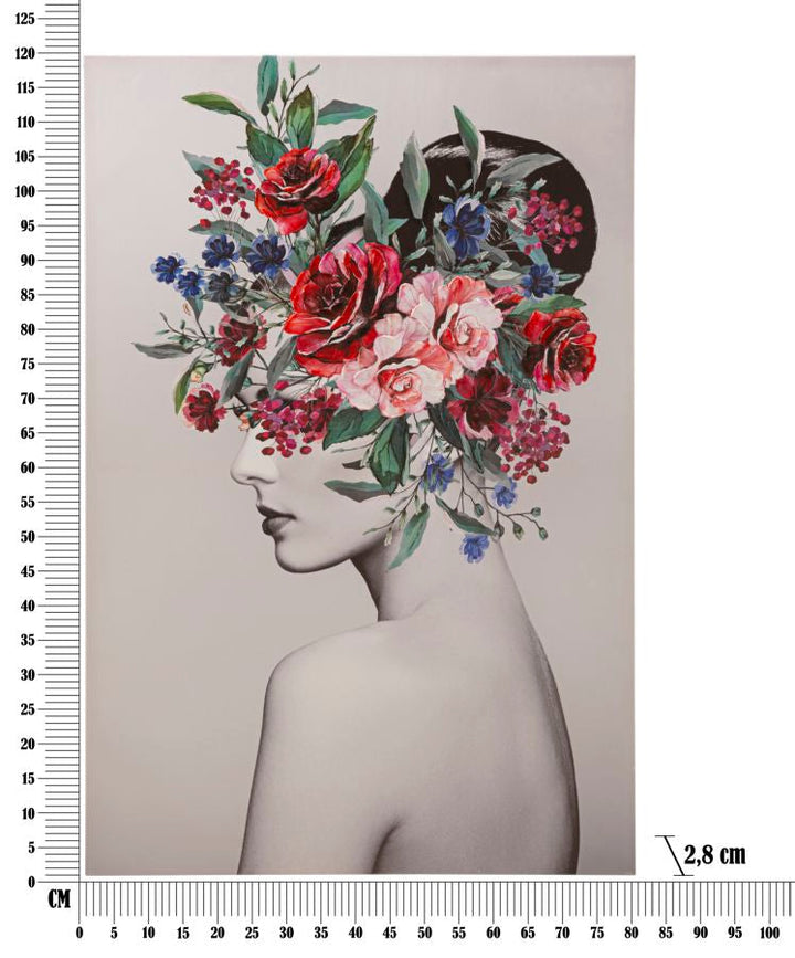 Modernes Gemälde einer Frau mit Blumen auf dem Kopf