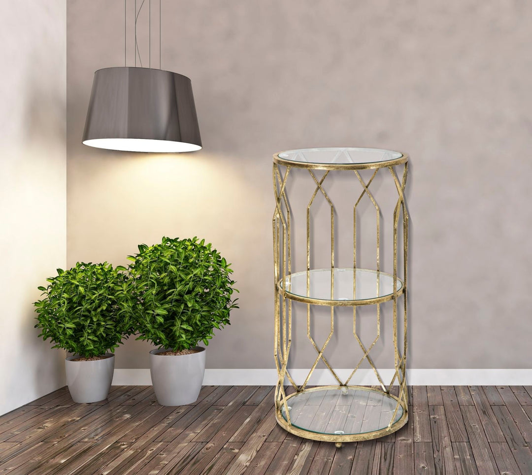 Metall und Glas Gold Geometrischer kleiner Tisch mit Regal
