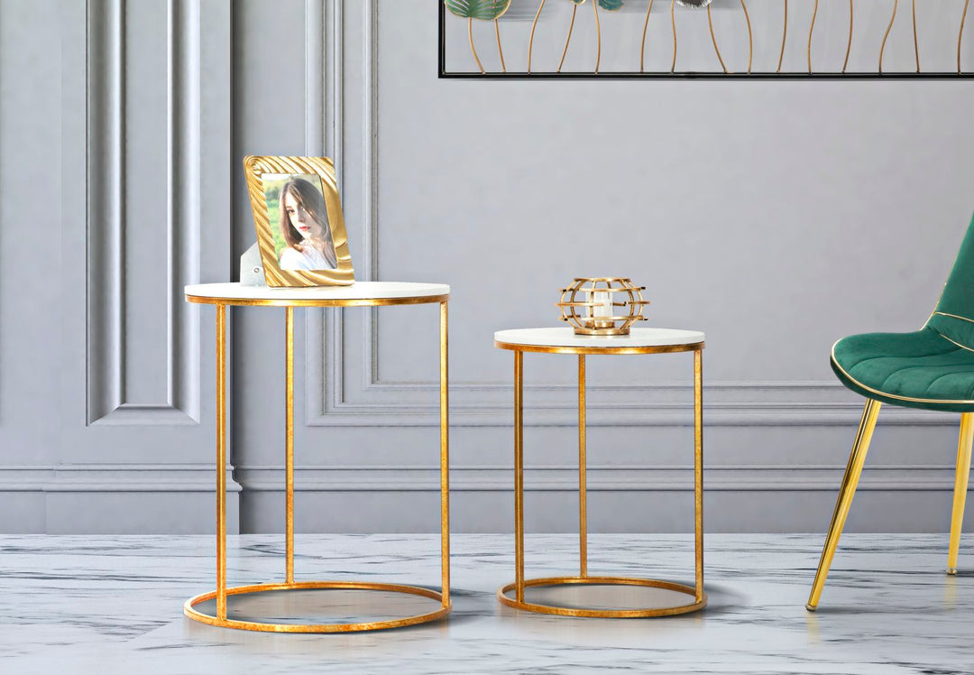 2er Set Beistelltische Kunstmarmorplatte Mit Goldbasis