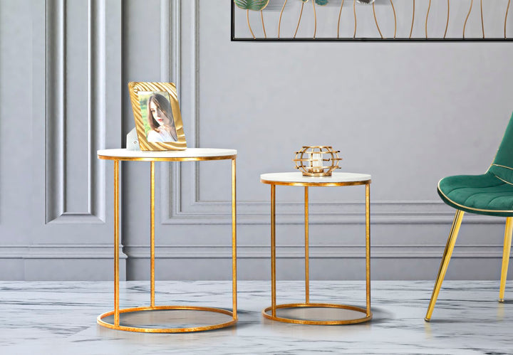 2er Set Beistelltische Kunstmarmorplatte Mit Goldbasis