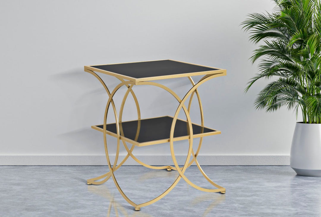Kleiner quadratischer Tisch aus goldenem und schwarzem Metall und Glas