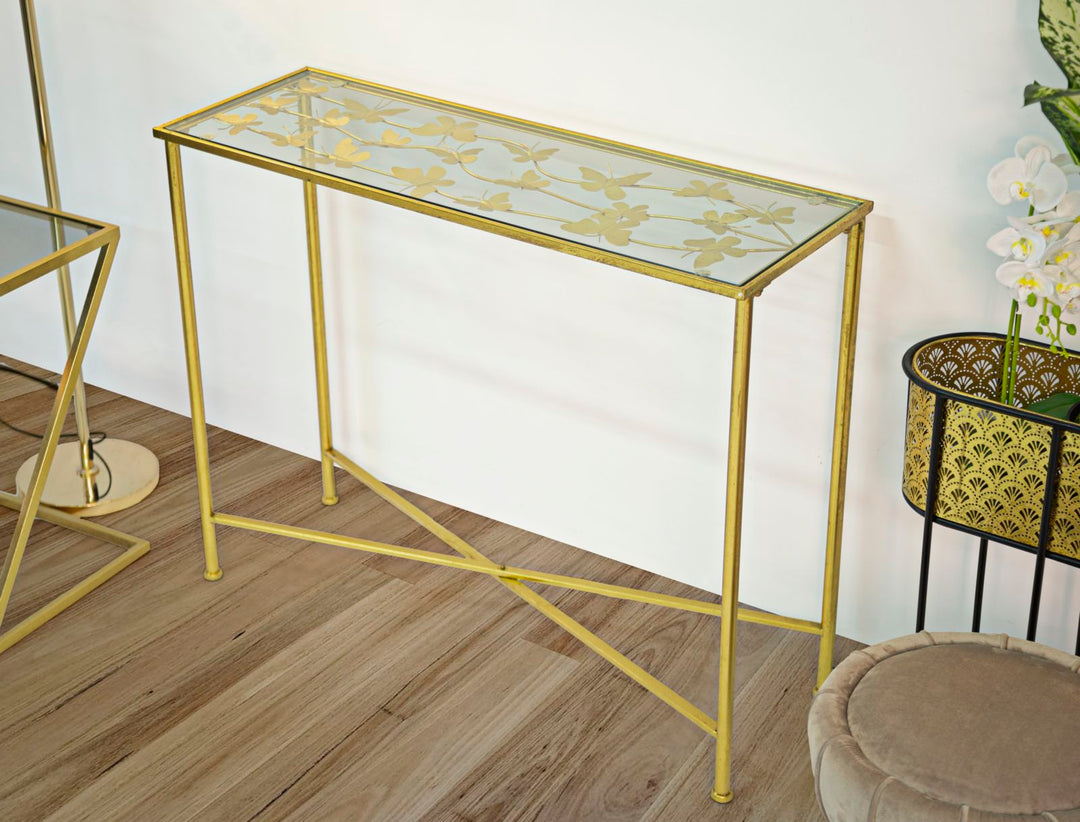 Rechteckiger Konsolentisch aus Metall und Glas in Gold