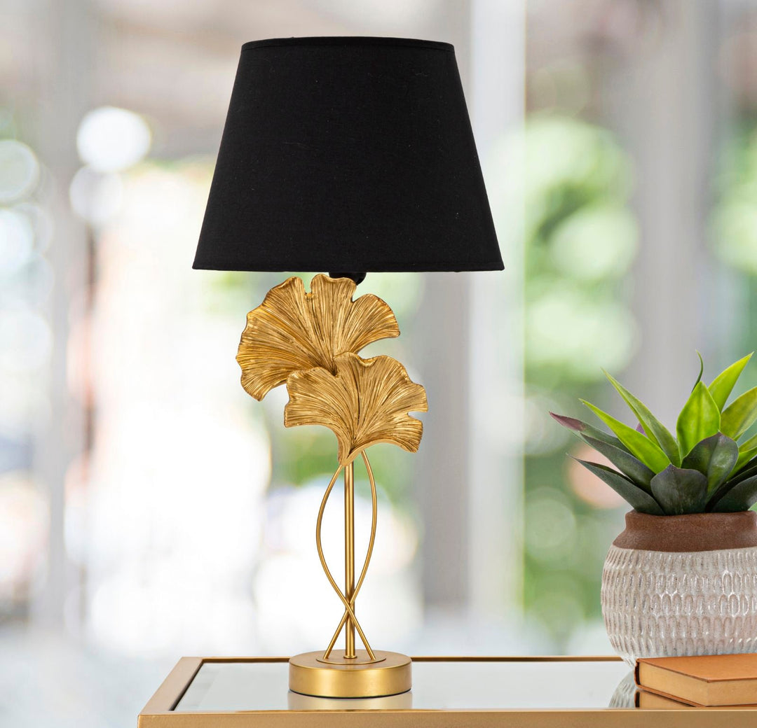Moderne Tischlampe mit Blattmuster in Gold und Schwarz