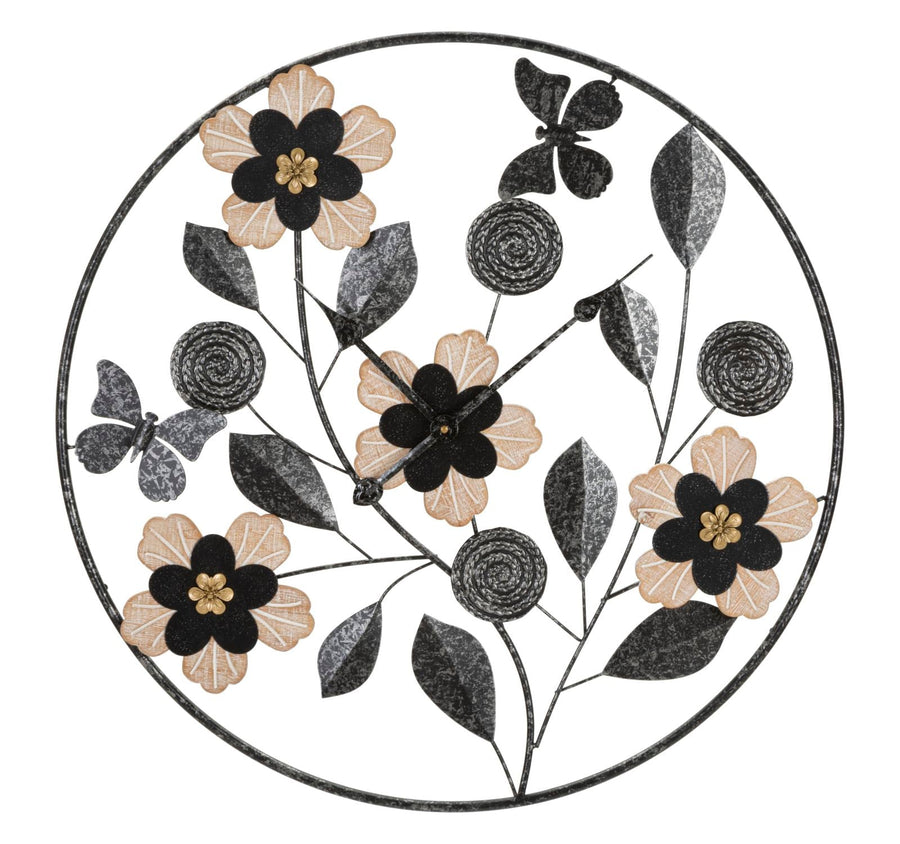 Schwarze Metall- und Holz-Wanduhr mit Blumenmuster
