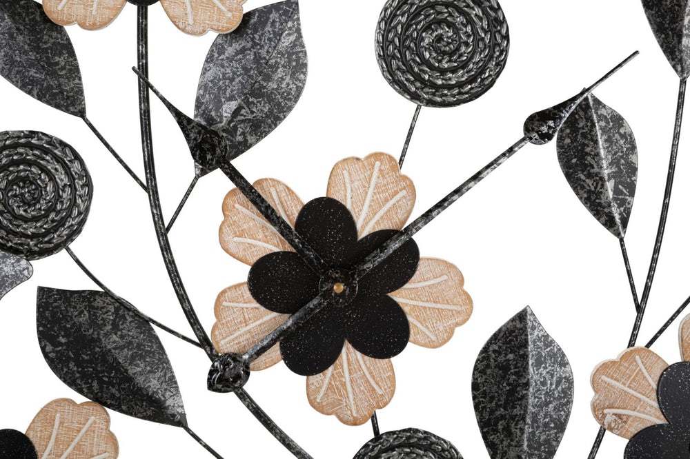 Schwarze Metall- und Holz-Wanduhr mit Blumenmuster