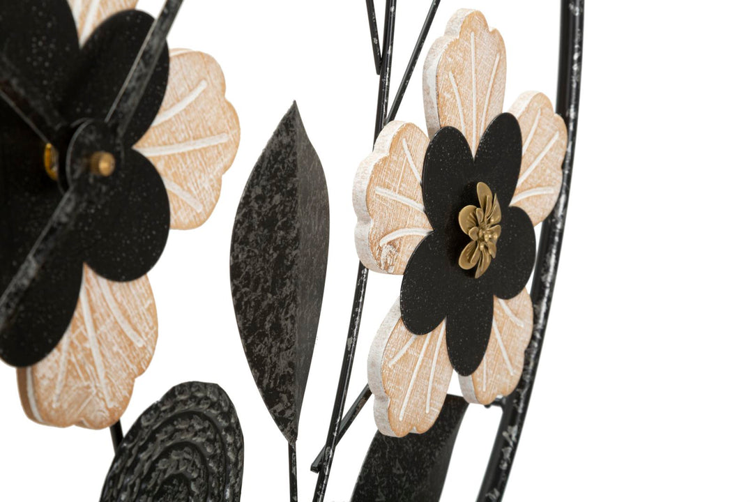 Schwarze Metall- und Holz-Wanduhr mit Blumenmuster