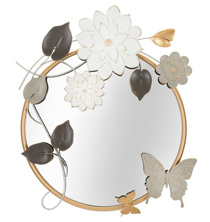 Runder Wandspiegel aus Metall mit Blumen und Schmetterlingen