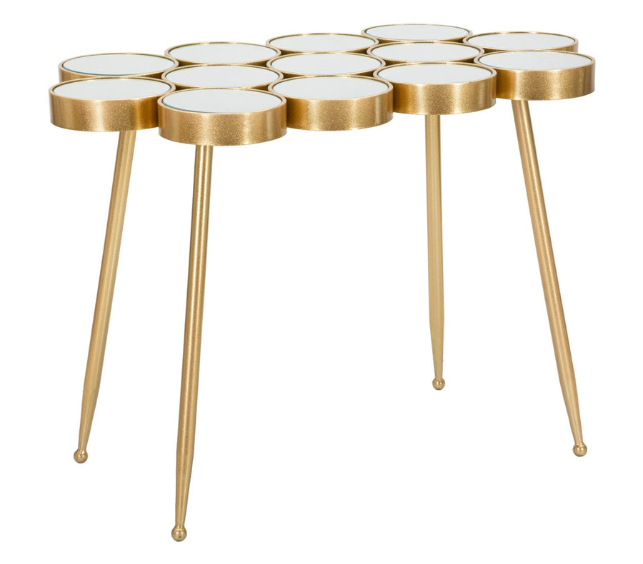 Kleiner runder geometrischer Tisch aus Goldmetall und Glas