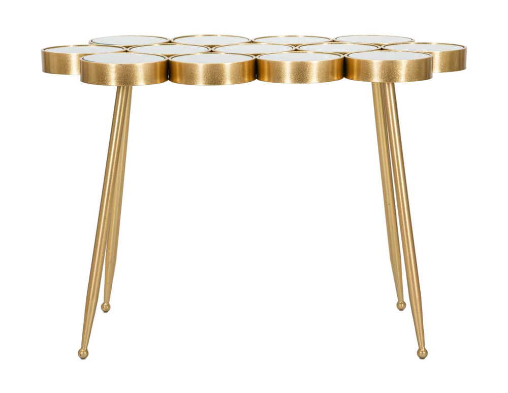 Kleiner runder geometrischer Tisch aus Goldmetall und Glas