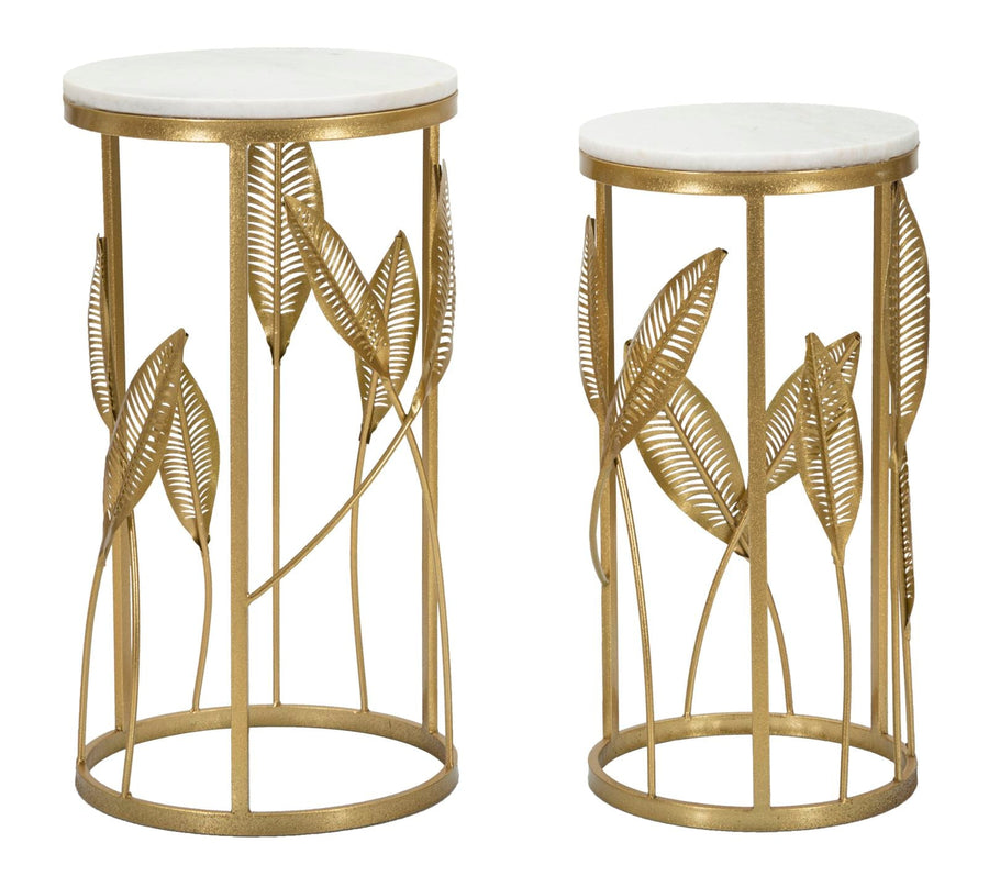 Kleiner runder Tisch mit goldenem Blattmuster aus Metall und Glas, kleines Tischpaar