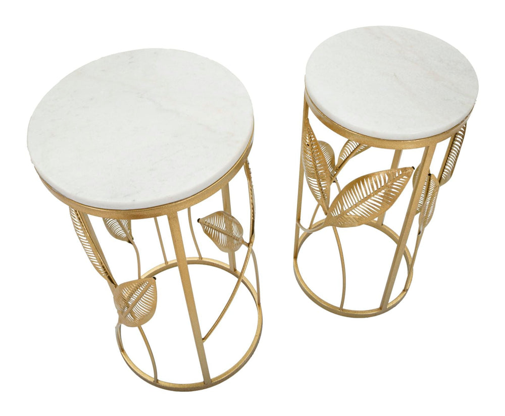 Kleiner runder Tisch mit goldenem Blattmuster aus Metall und Glas, kleines Tischpaar