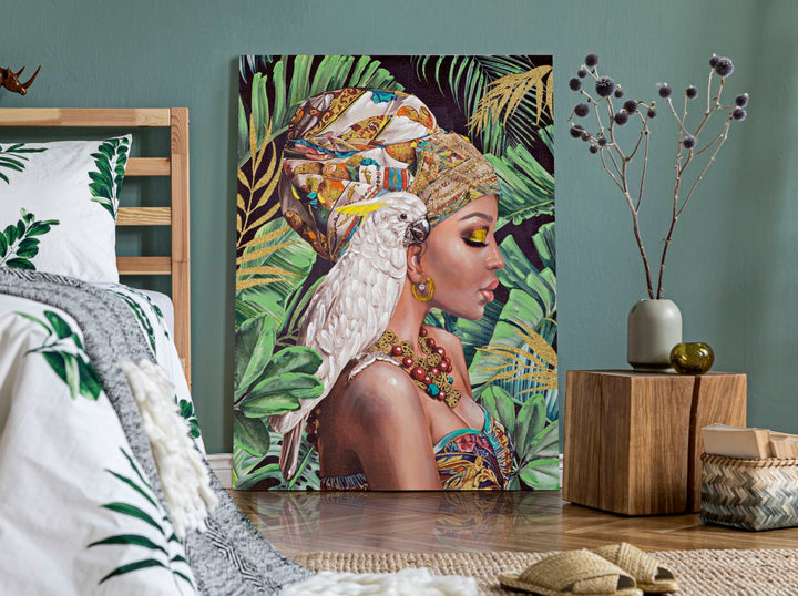 Afrikanische Frau im Wald mit einem Papagei Gemälde