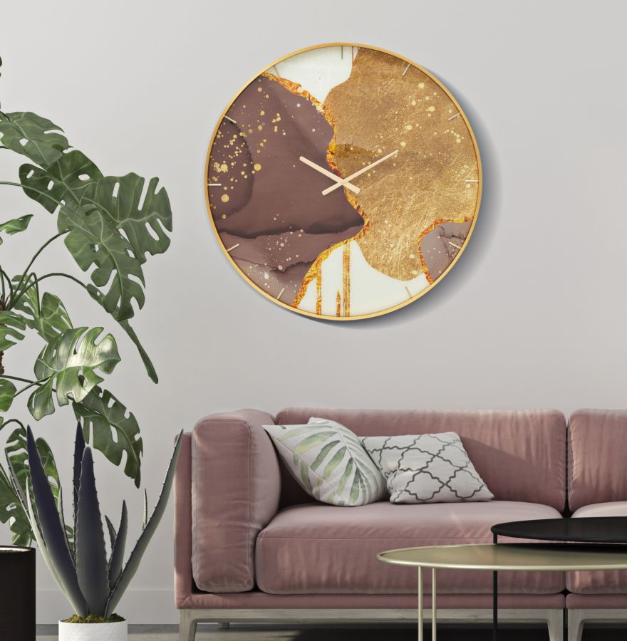 Abstrakte goldbraune Wanduhr aus Metall und Glas