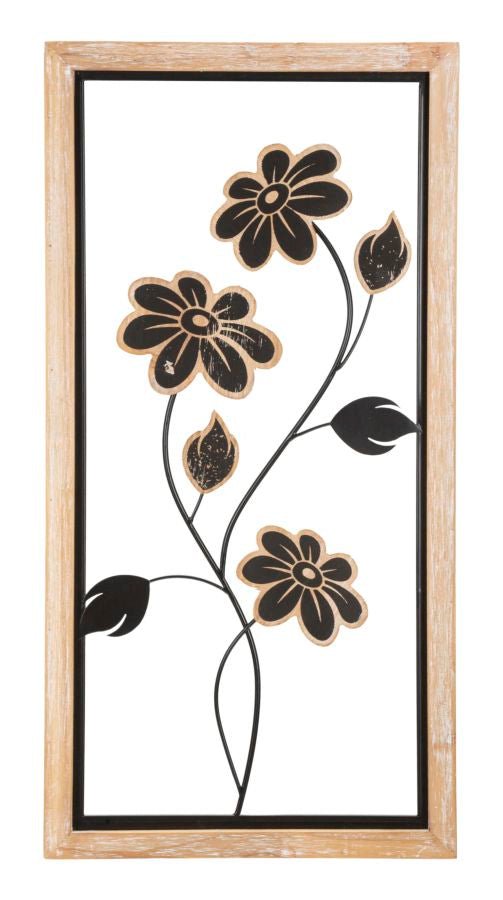 Schwarze Metall- und Holzblumen-Wanddekoration in quadratischem Rahmen