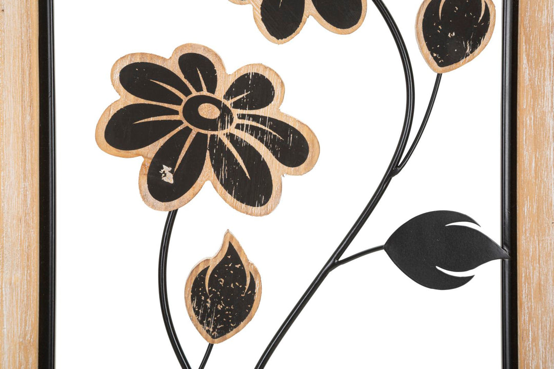 Schwarze Metall- und Holzblumen-Wanddekoration in quadratischem Rahmen