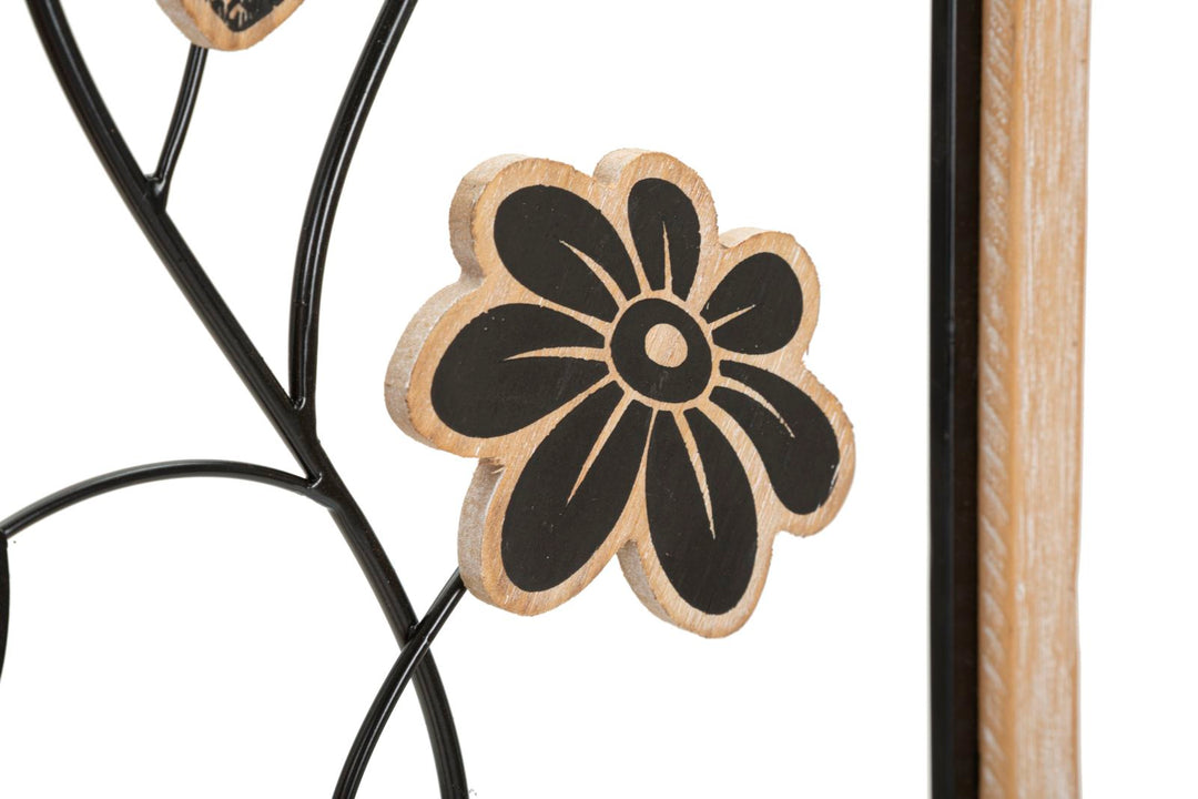 Schwarze Metall- und Holzblumen-Wanddekoration in quadratischem Rahmen