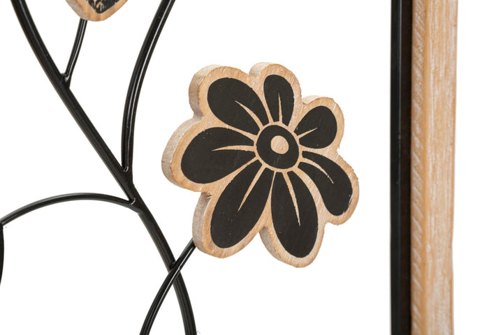 Schwarze Metall- und Holzblumen-Wanddekoration in quadratischem Rahmen