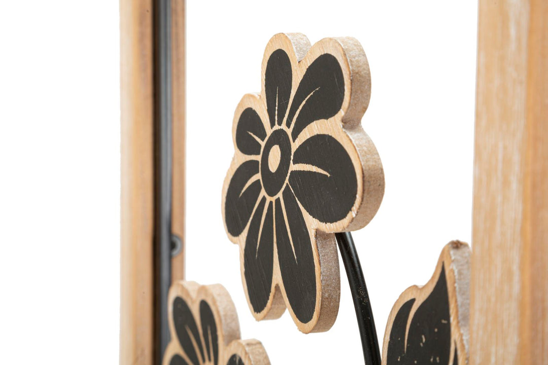 Schwarze Metall- und Holzblumen-Wanddekoration in quadratischem Rahmen