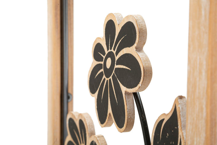 Schwarze Metall- und Holzblumen-Wanddekoration in quadratischem Rahmen