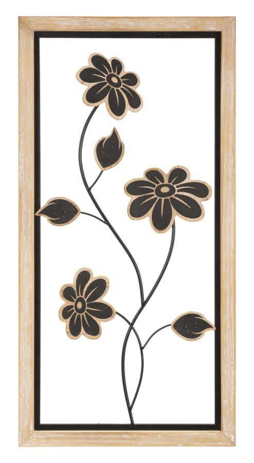 Schwarze Metall- und Holzblumen-Wanddekoration in quadratischem Rahmen