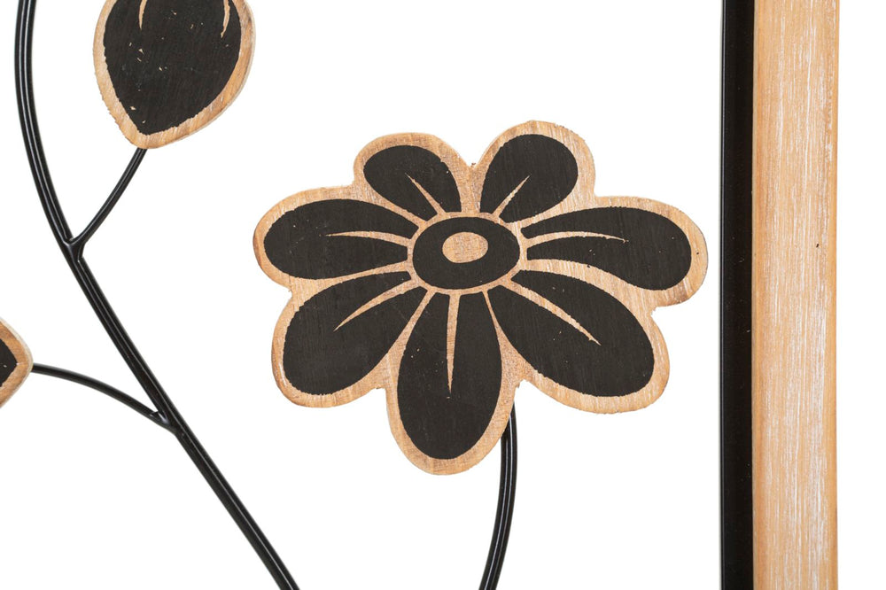 Schwarze Metall- und Holzblumen-Wanddekoration in quadratischem Rahmen