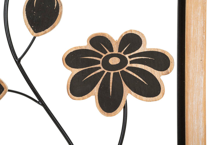 Schwarze Metall- und Holzblumen-Wanddekoration in quadratischem Rahmen
