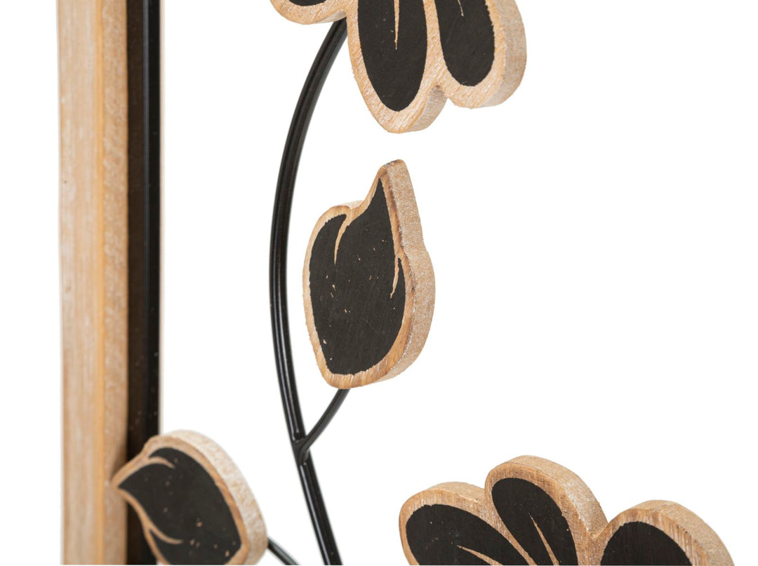 Schwarze Metall- und Holzblumen-Wanddekoration in quadratischem Rahmen