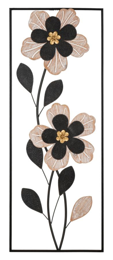 Schwarze Metall- und Holzblumen-Wanddekoration in quadratischem Rahmen
