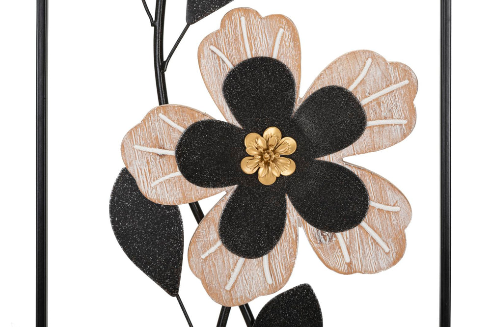 Schwarze Metall- und Holzblumen-Wanddekoration in quadratischem Rahmen