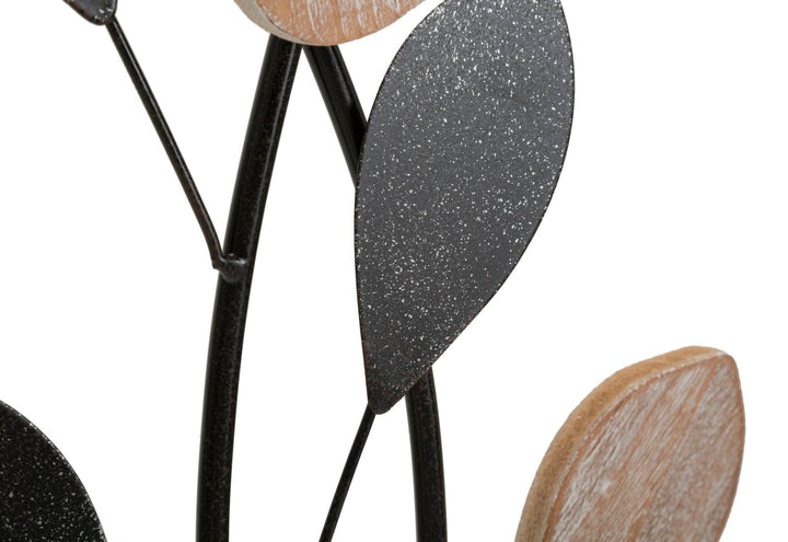 Schwarze Metall- und Holzblumen-Wanddekoration in quadratischem Rahmen