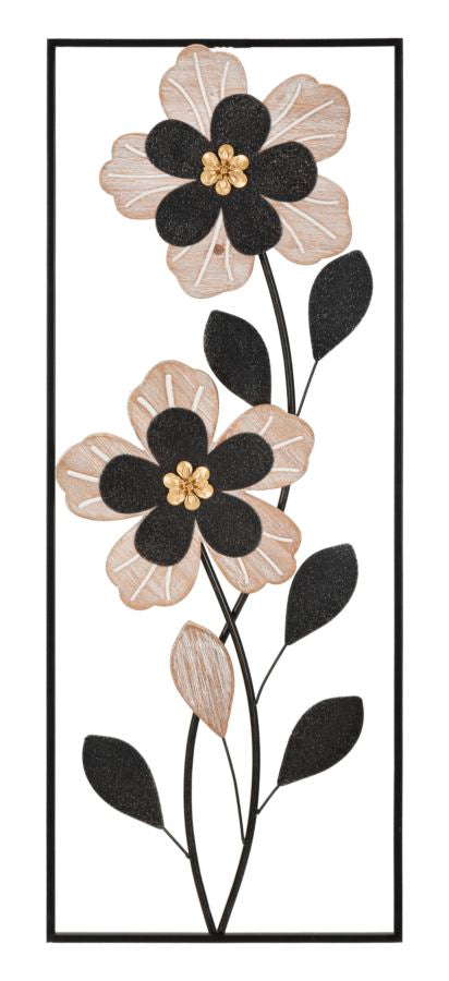Schwarze Metall- und Holzblumen-Wanddekoration in quadratischem Rahmen
