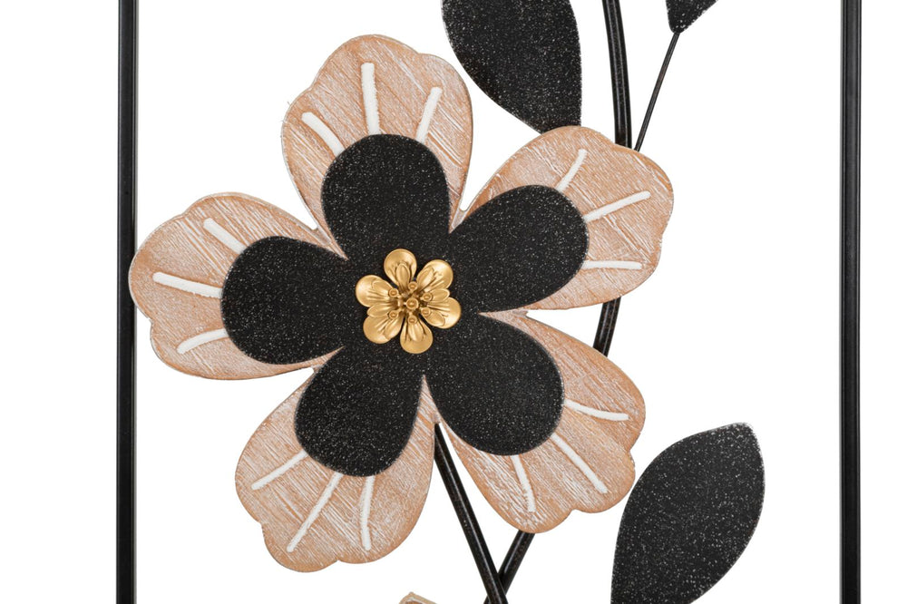 Schwarze Metall- und Holzblumen-Wanddekoration in quadratischem Rahmen