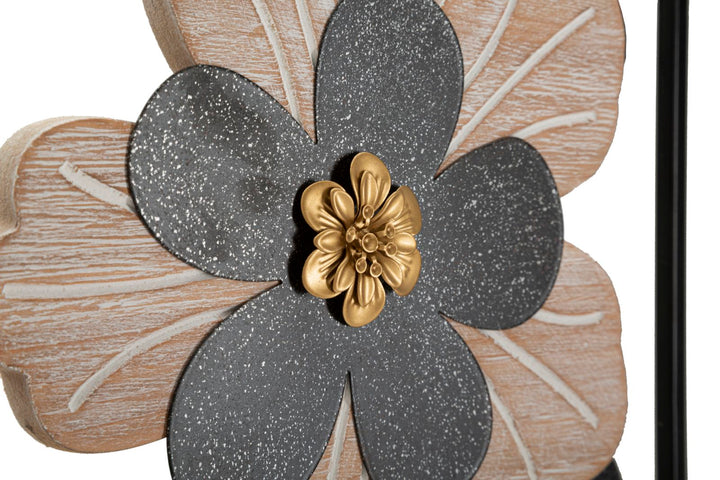 Schwarze Metall- und Holzblumen-Wanddekoration in quadratischem Rahmen