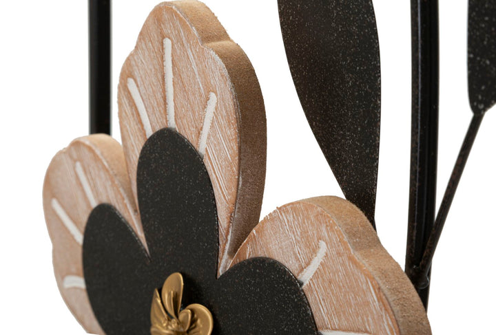 Schwarze Metall- und Holzblumen-Wanddekoration in quadratischem Rahmen