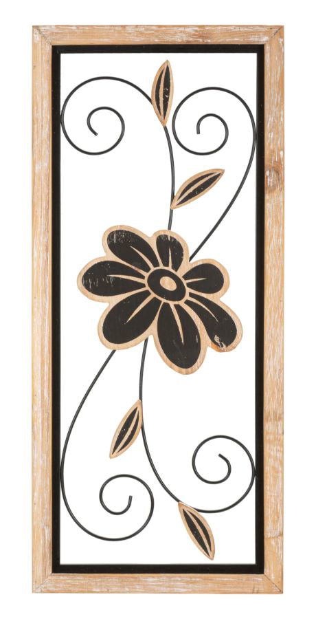 Schwarze Metall- und Holzblumen-Wanddekoration in quadratischem Rahmen
