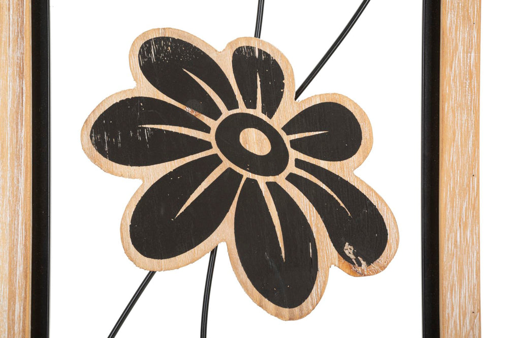 Schwarze Metall- und Holzblumen-Wanddekoration in quadratischem Rahmen