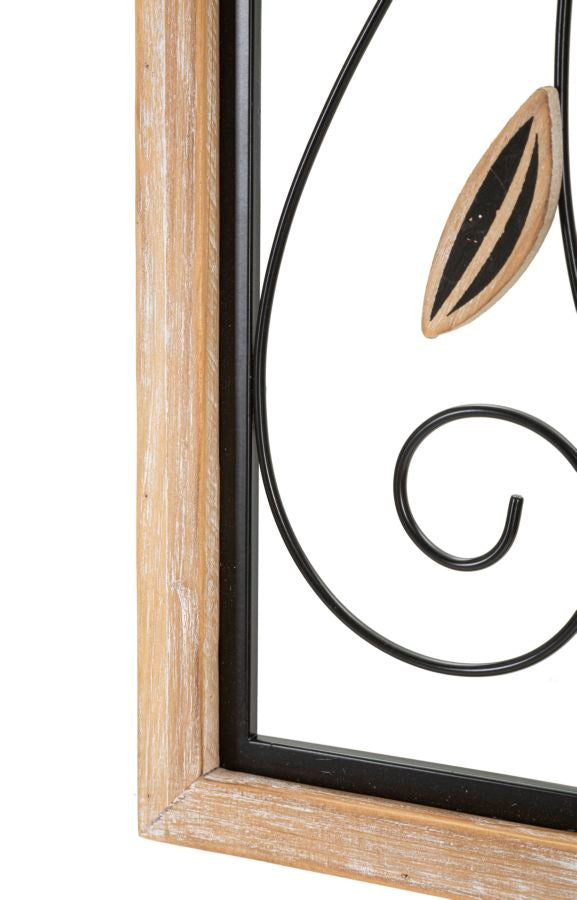 Schwarze Metall- und Holzblumen-Wanddekoration in quadratischem Rahmen