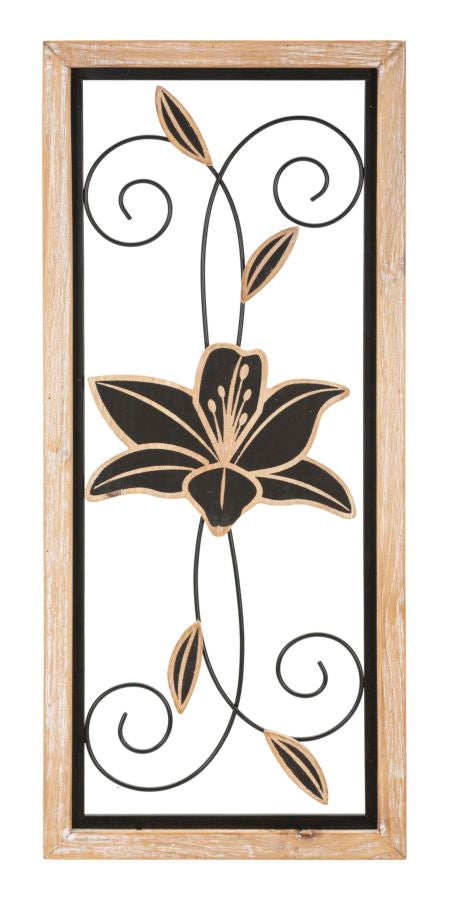 Schwarze Metall- und Holzblumen-Wanddekoration in quadratischem Rahmen