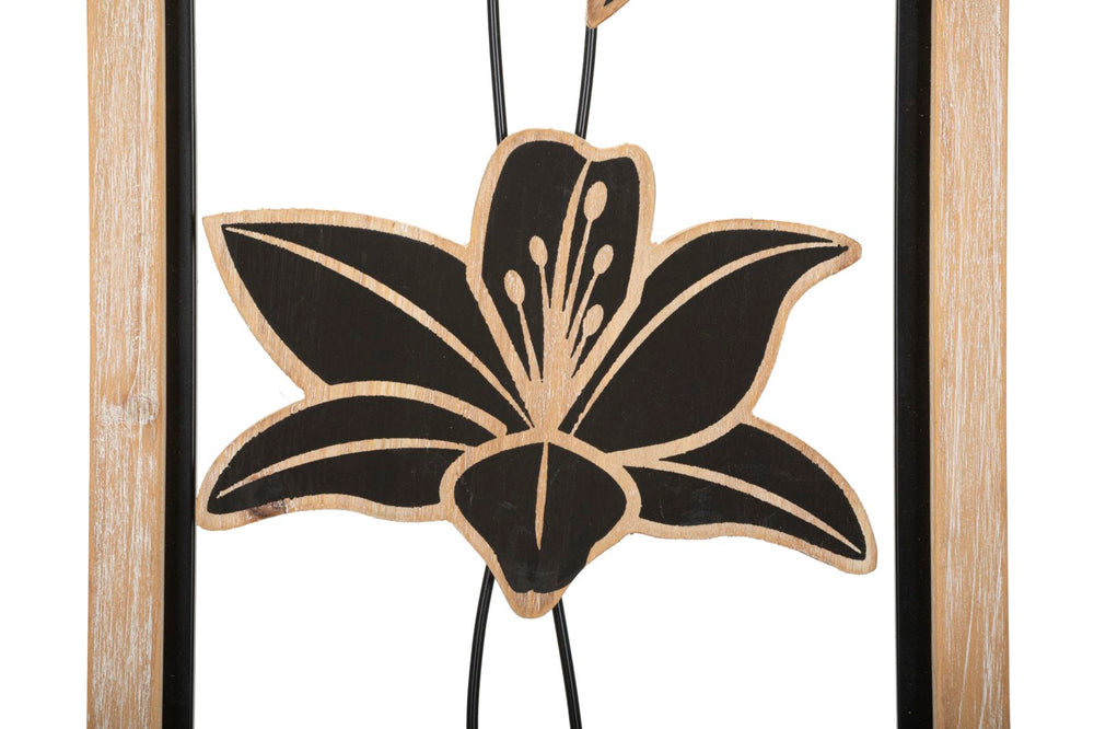 Schwarze Metall- und Holzblumen-Wanddekoration in quadratischem Rahmen