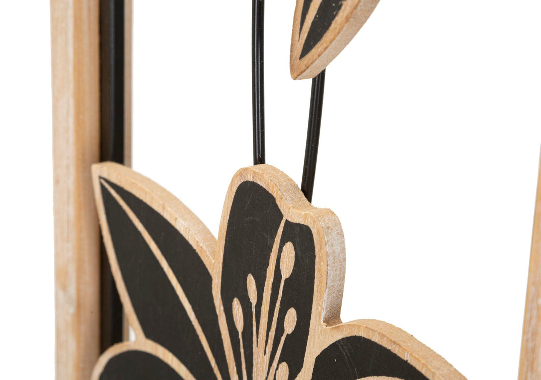 Schwarze Metall- und Holzblumen-Wanddekoration in quadratischem Rahmen