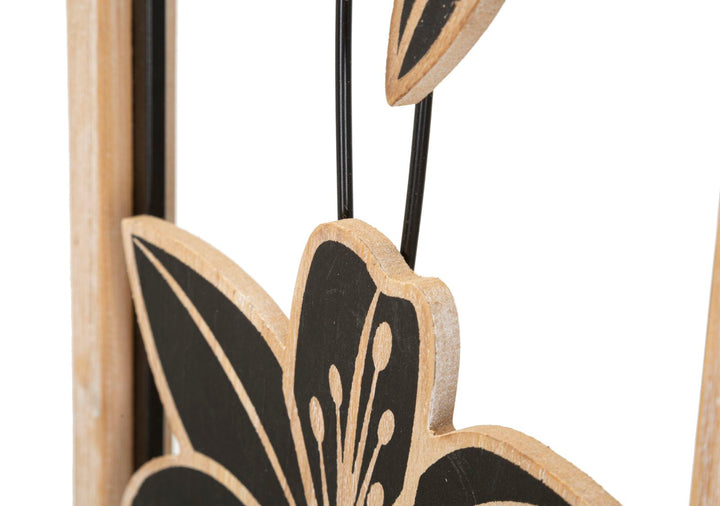 Schwarze Metall- und Holzblumen-Wanddekoration in quadratischem Rahmen