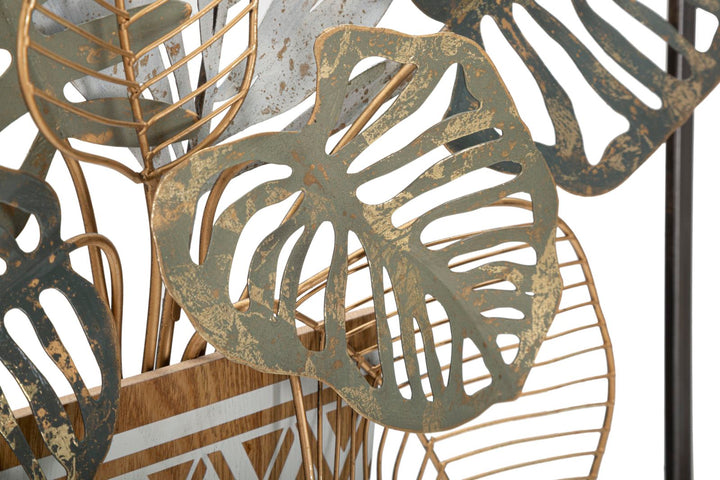Vase mit tropischen Blättern Metall und Holz Wanddekoration